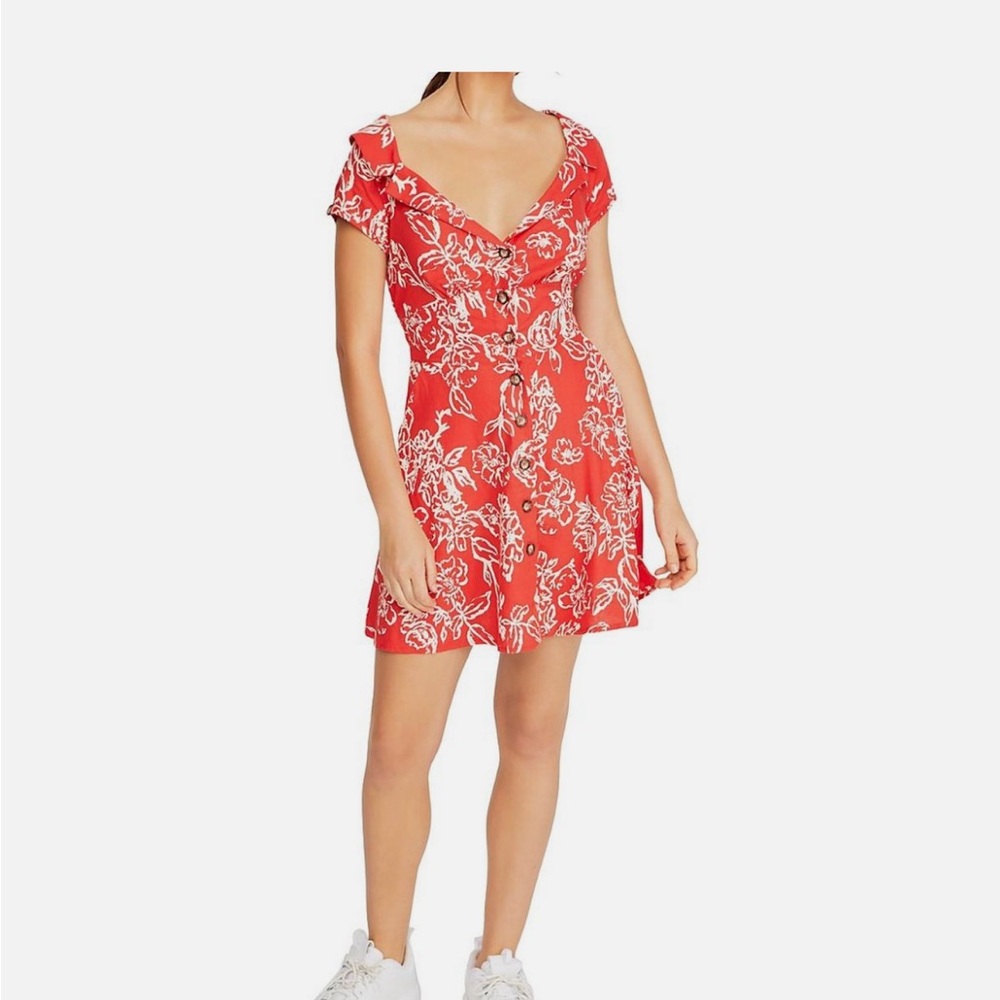 Free People A little thing called love Coral-Red Floral Button Mini Dress